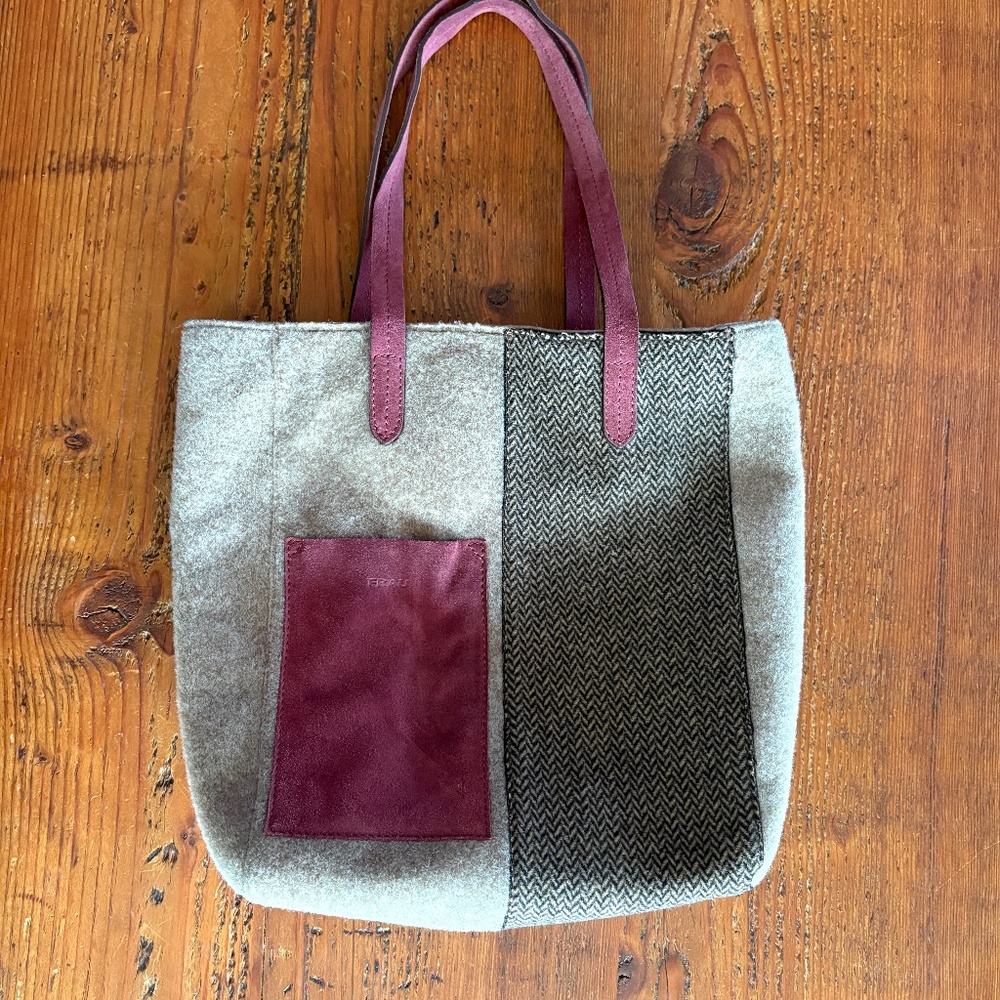 Frau Wool and Suede Tote Bag , Tan and Black Herringbone, Wine/Purple Italy